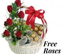 Basket Of FREE Roses With 2 Boxes Of Ferrero Rocher Chocolates Basket Of FREE Roses With 2 Boxes Of Ferrero Rocher Chocolates